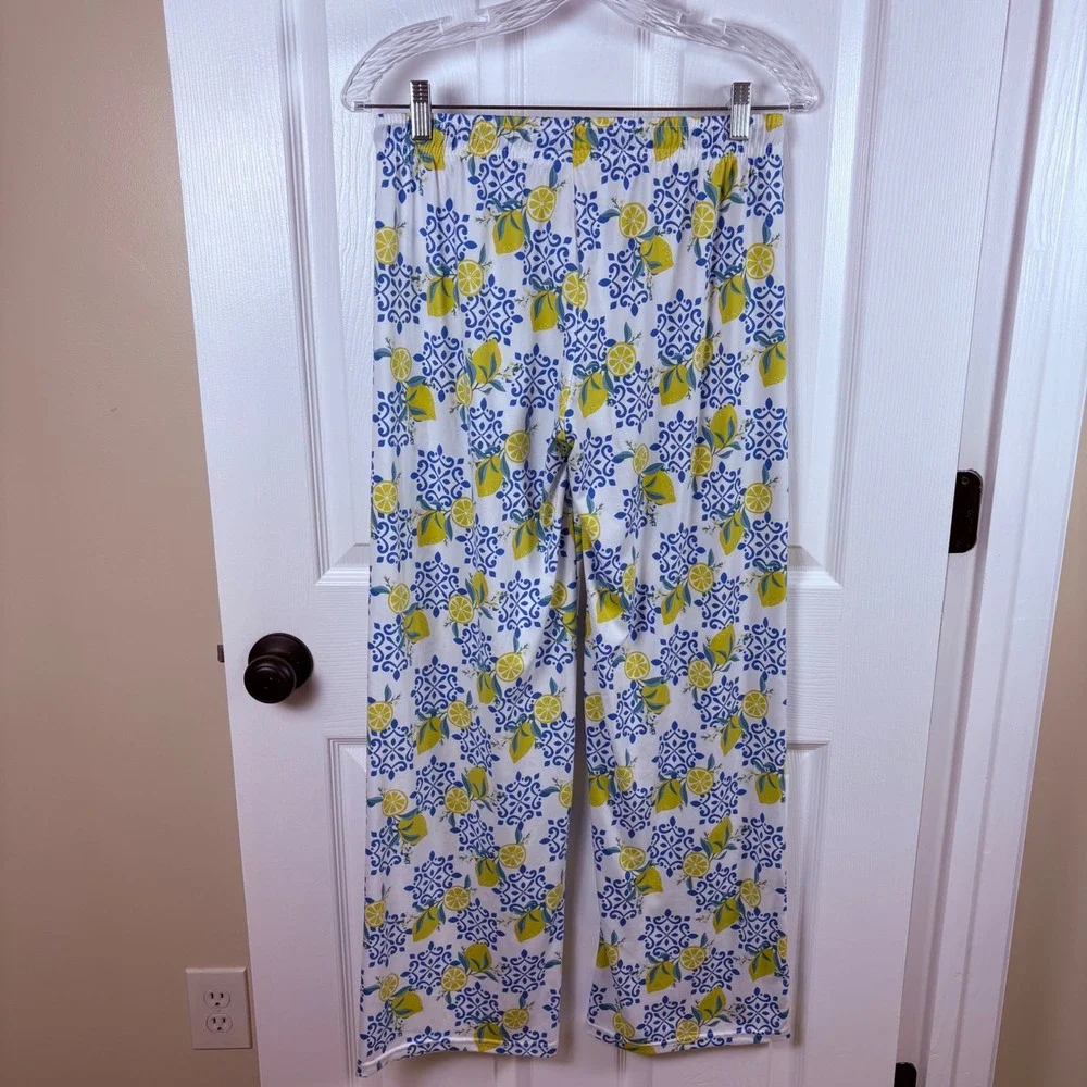 Hello Mello Lazy Daisy Lounge Pants S/M White Blue Lemon Print Soft Cozy Pajamas